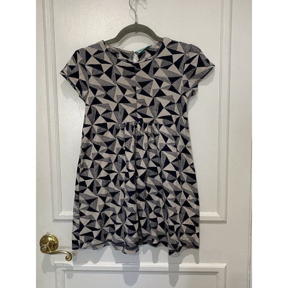 Girl's Wear Girls Geometric Print Flowy Navy Cream Cap Sleeved Dress Siz…